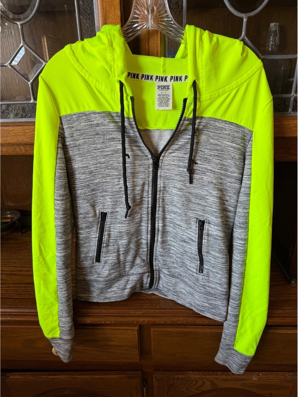 PINK gray lime green/yellow zip up hoodie size S